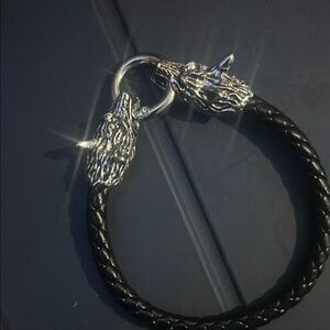 Stainless Steele Wolves and Black leather Braided Men's Bracelet